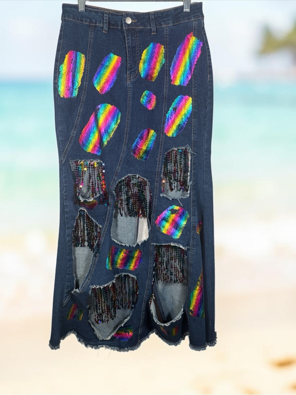 Rainbow Patch Dark Wash Women's Denim Maxi Skirt